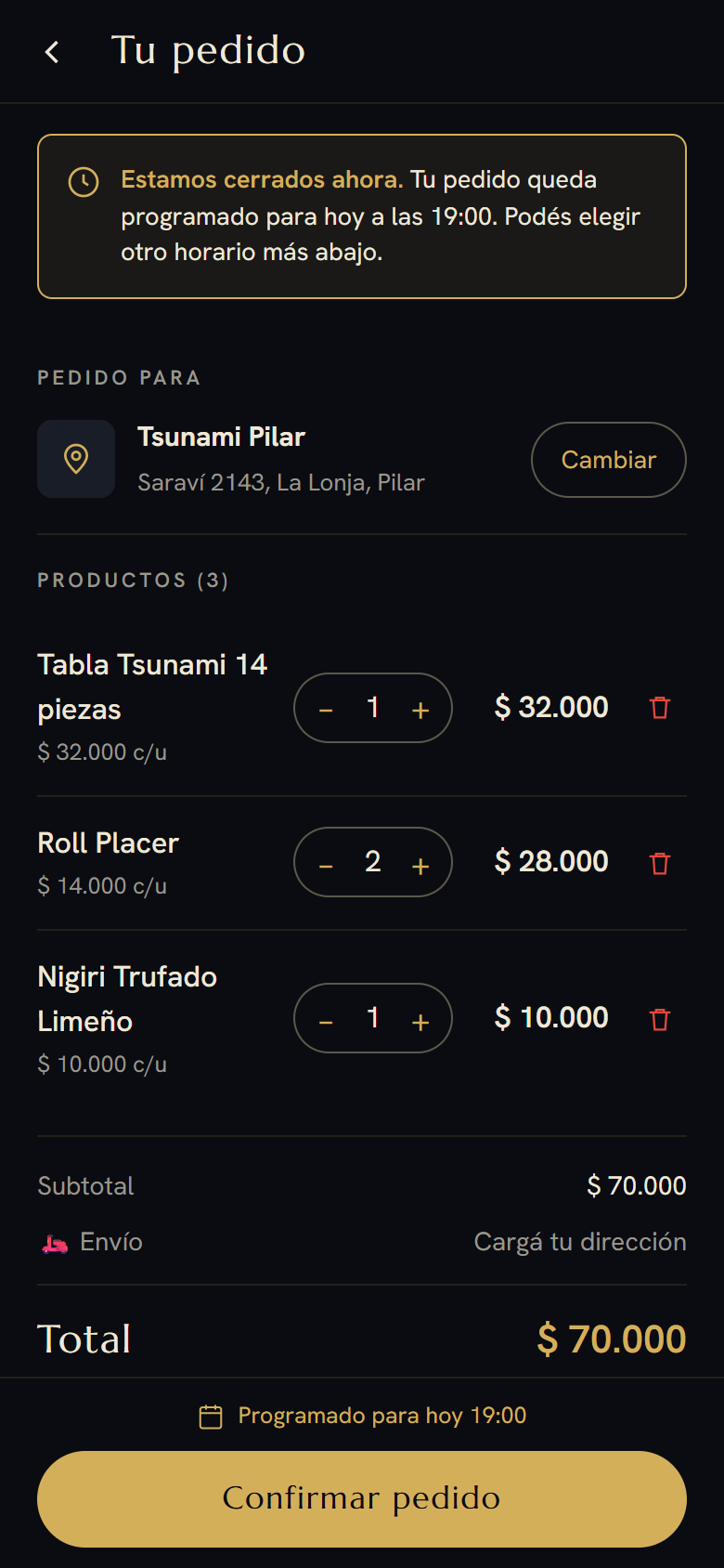 Carrito rediseñado: mismo negro y dorado que el menú.
