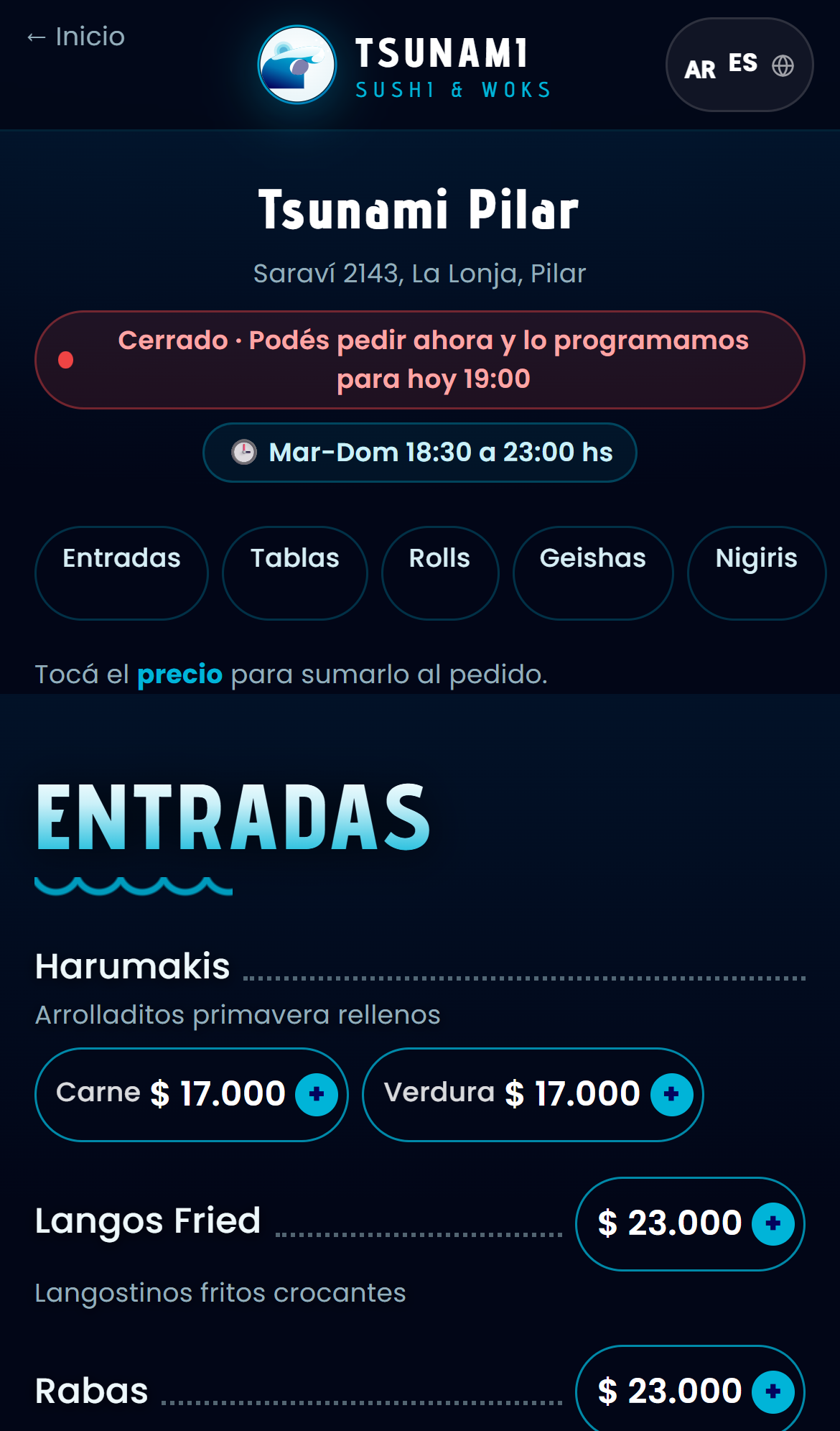 Menú actual: celeste con degradés, píldoras y títulos en degradé.